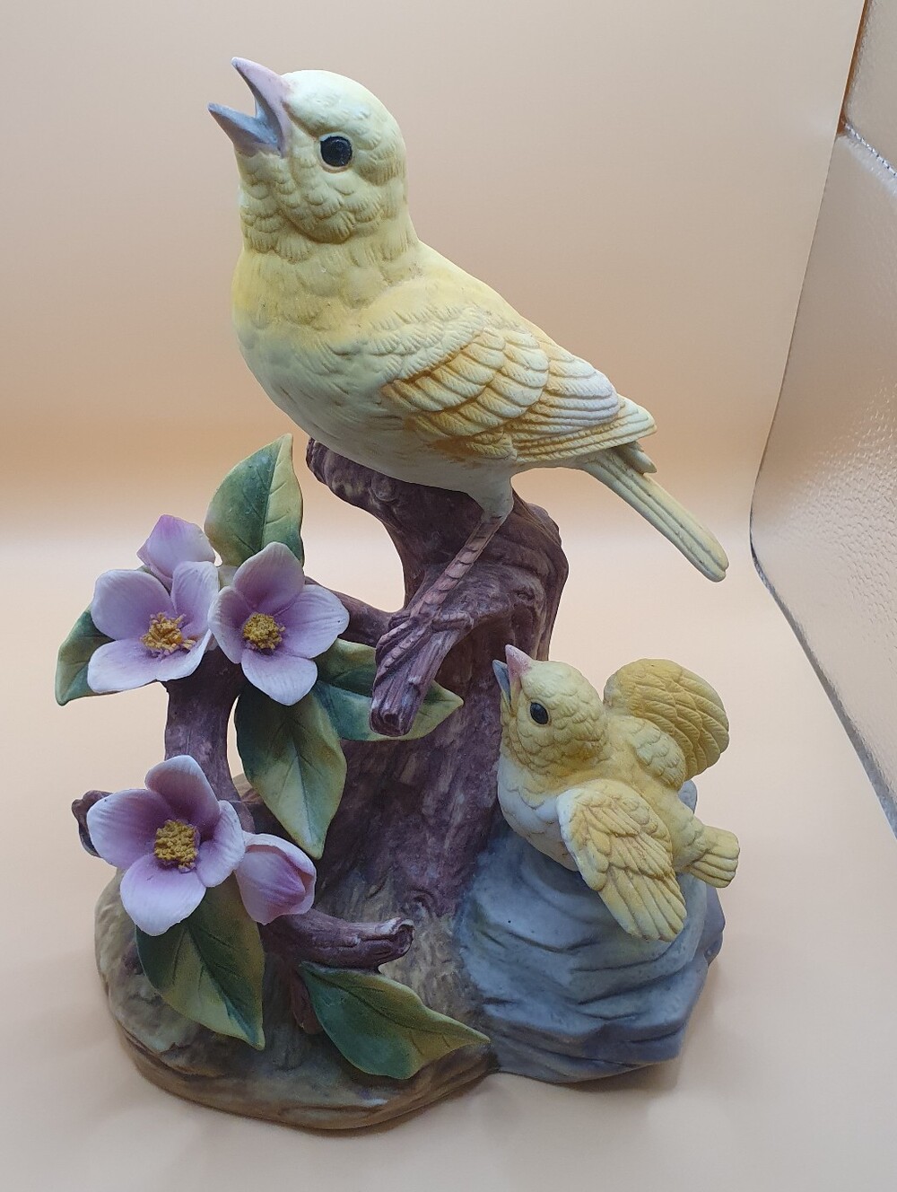 Andrea By Sadek Yellow Ceramic Canary Figurine with Pink Flowers